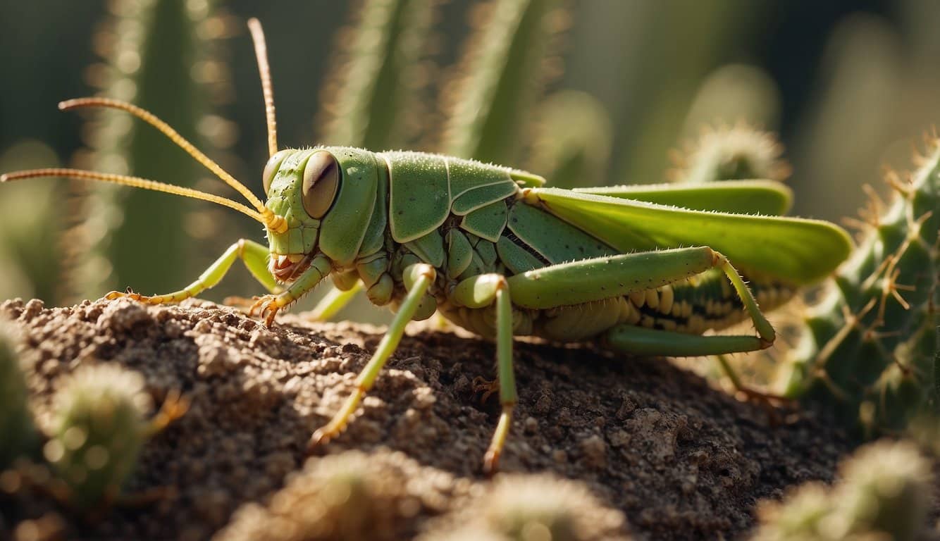 A grasshopper munches on a prickly cactus, its jaws moving rhythmically as it consumes the tough, thorny plant