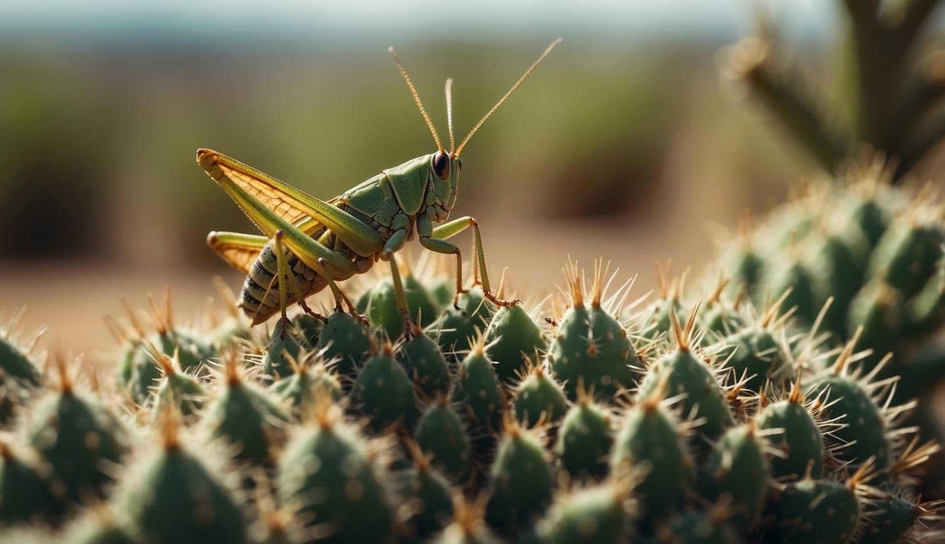 A grasshopper perched on a prickly cactus, nibbling on the green leaves