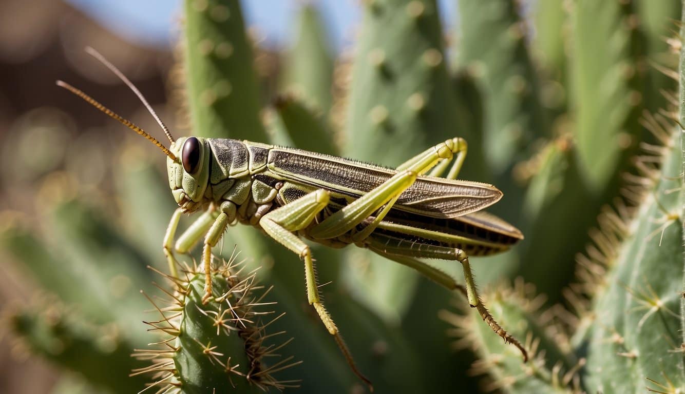 A grasshopper perched on a prickly cactus, nibbling on the green leaves with its mandibles