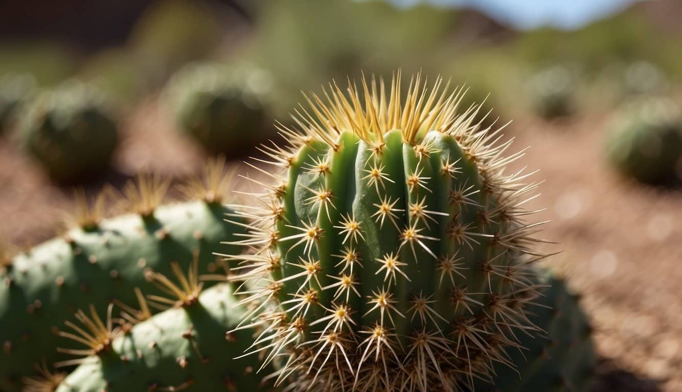 A cactus with spiky thorns and a waxy coating repels a hungry grasshopper