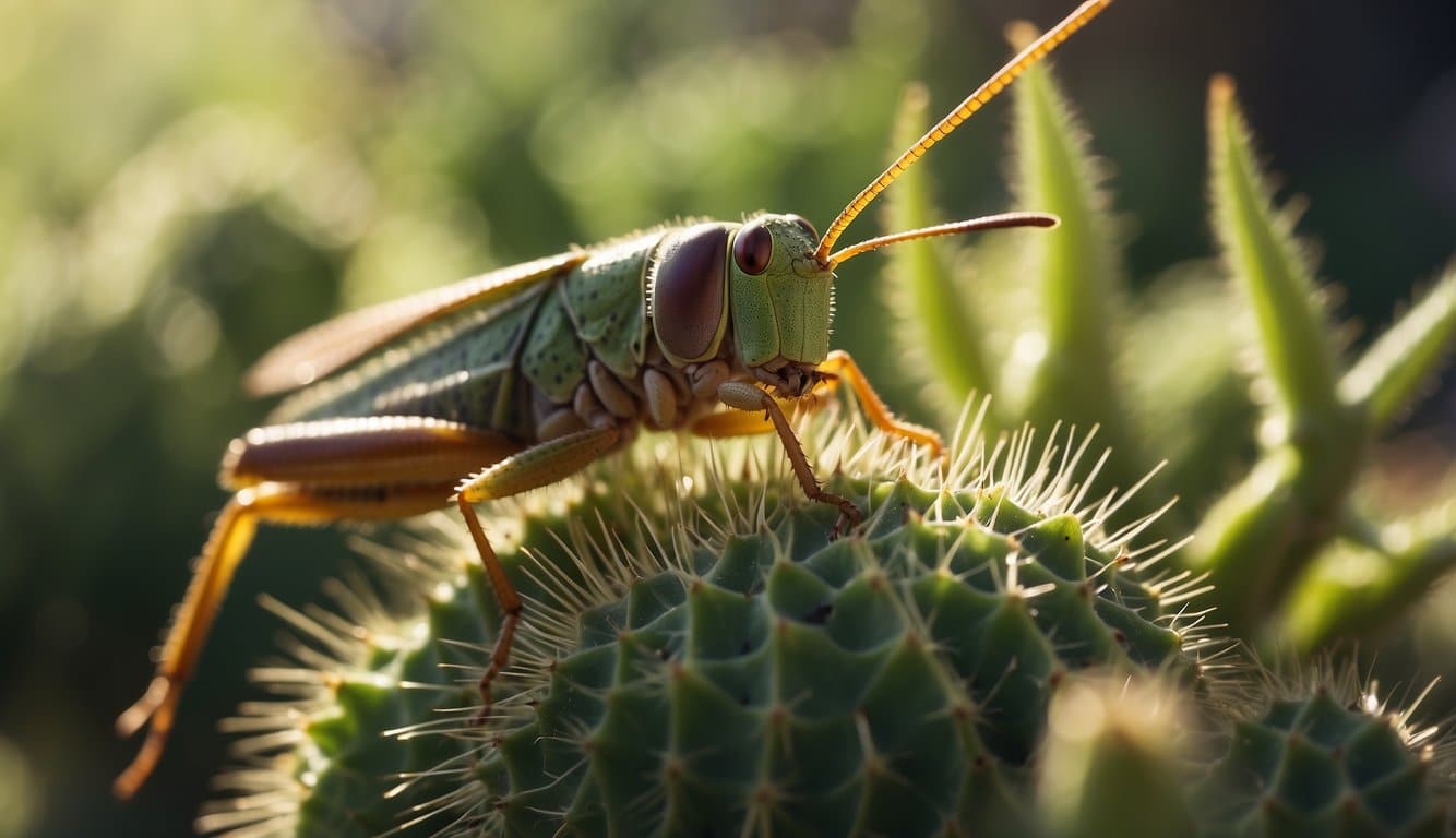 A grasshopper perched on a prickly cactus, nibbling on the green leaves while sunlight filters through the spines