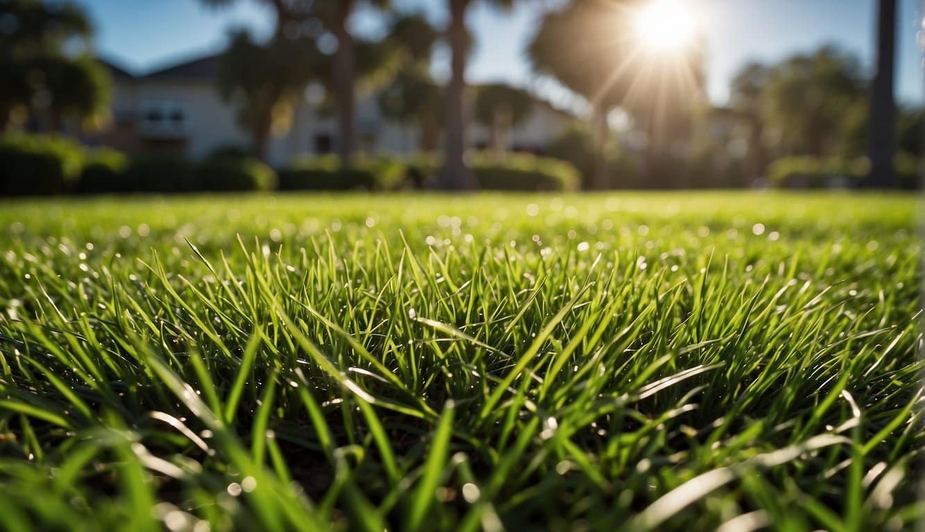 A lush, green expanse of St. Augustine grass spreads across the yard, contrasting with the neighboring tall fescue. The blades of St. Augustine grass are broad and slightly curled, creating a dense and vibrant carpet