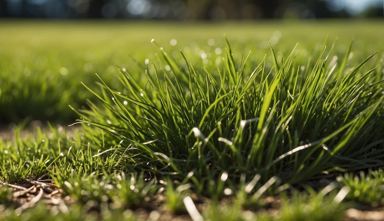 A lush green lawn of St. Augustine grass contrasts with the coarser texture of tall fescue, creating a visually striking landscape