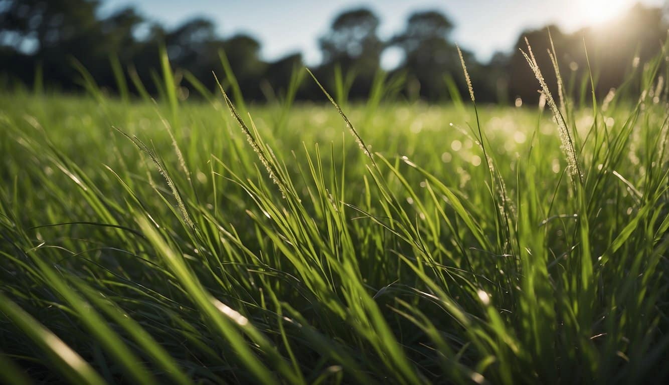 A lush green field of tall fescue grass stands tall next to a patch of st. augustine grass, showcasing their differences in texture and color