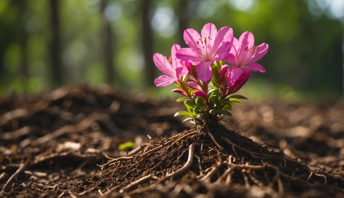Vibrant azalea roots aggressively spread through the soil, intertwining and pushing aside other plants in their path