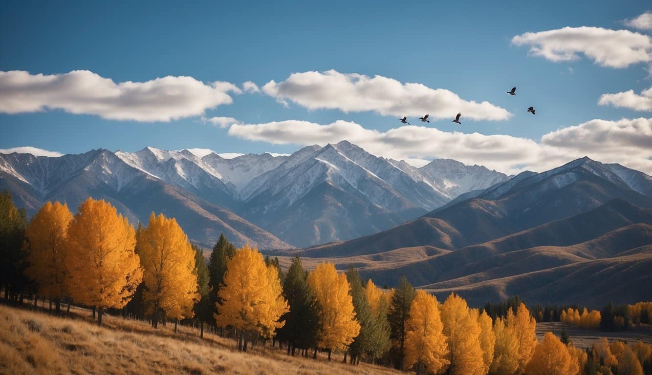 Birds migrating in V-formation over Idaho's rugged mountains and expansive valleys. Snow-capped peaks and vibrant autumn foliage create a stunning backdrop