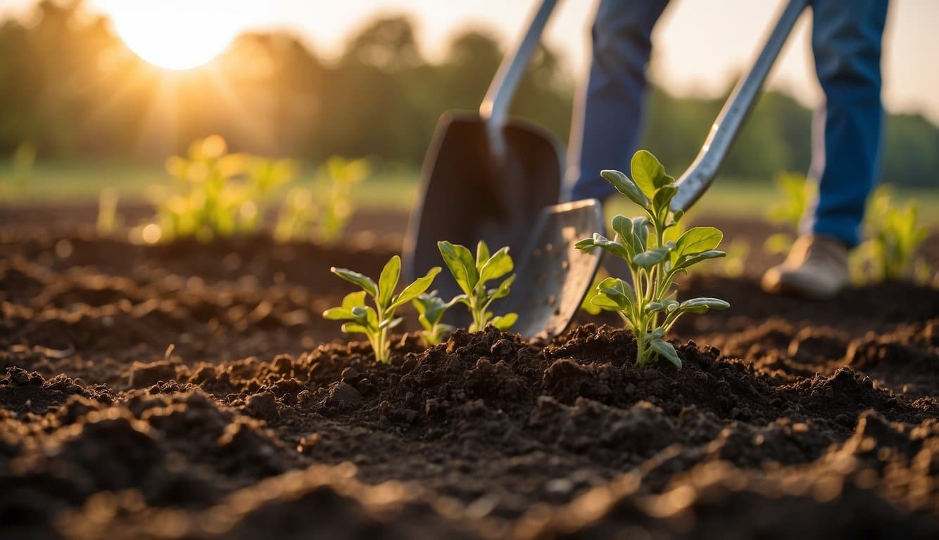 Soil being tilled with a shovel, tomato seedlings nearby, sun setting over a New Hampshire landscape