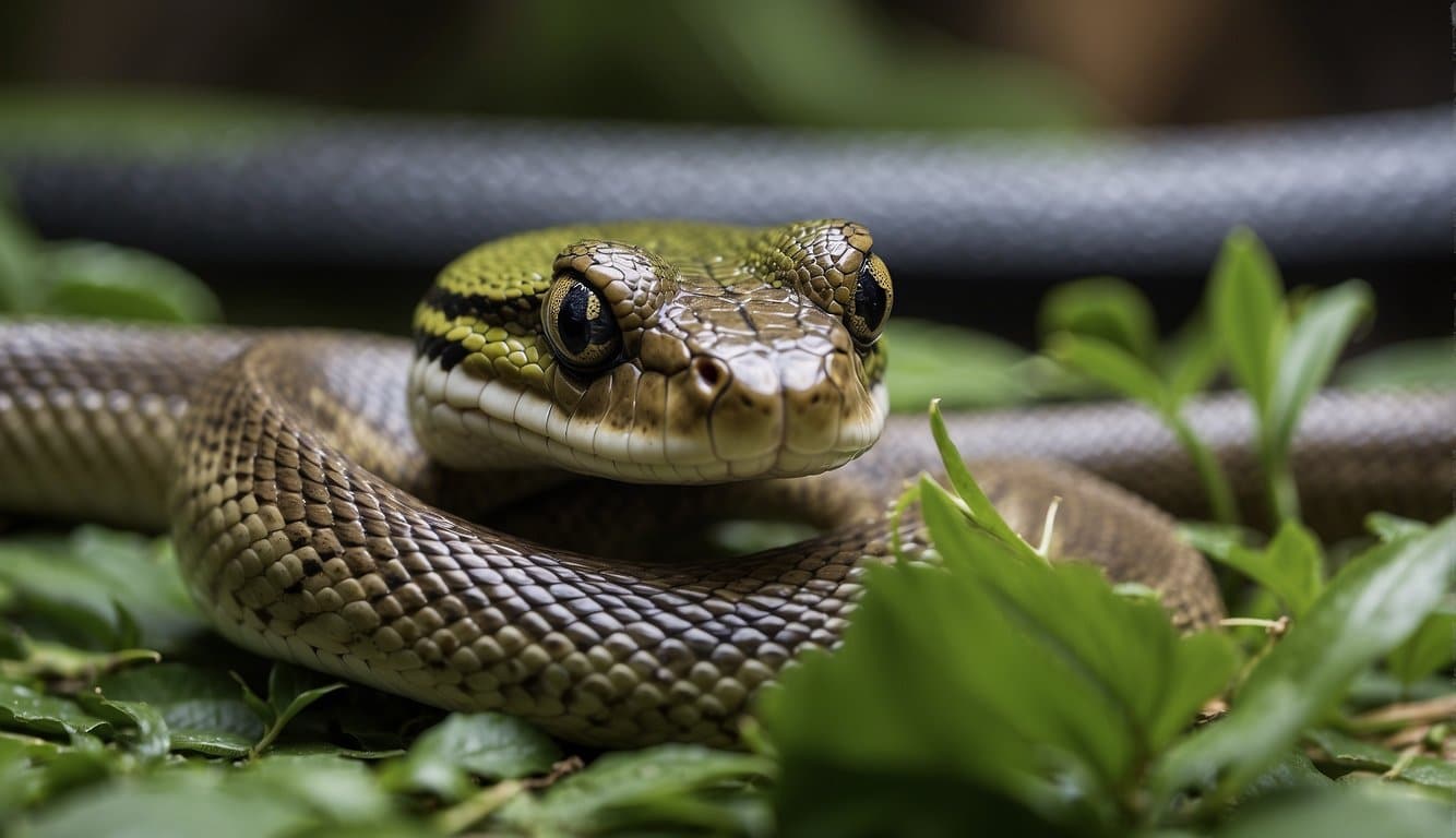 A snake swiftly strikes, capturing a frog in its jaws