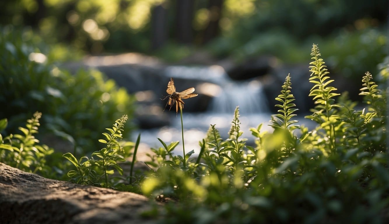 A lush garden with natural mosquito repellent plants, a flowing stream, and a bug zapper