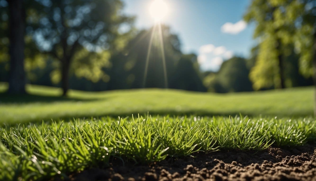 A lush green lawn stretches out under a bright blue sky, surrounded by trees and rolling hills. The soil is rich and fertile, perfect for growing healthy turfgrass