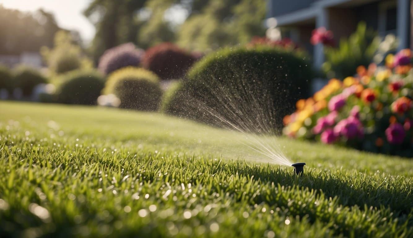 A lush green lawn with neatly trimmed grass, surrounded by well-maintained landscaping and vibrant flowers. A sprinkler system gently waters the turf, and a compost bin sits nearby for organic fertilization