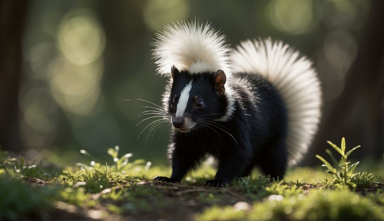 A skunk raises its tail, emitting a pungent odor. Surrounding animals scatter