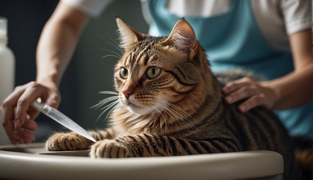 A cat being treated with flea medication, a comb removing fleas, and a clean, flea-free environment