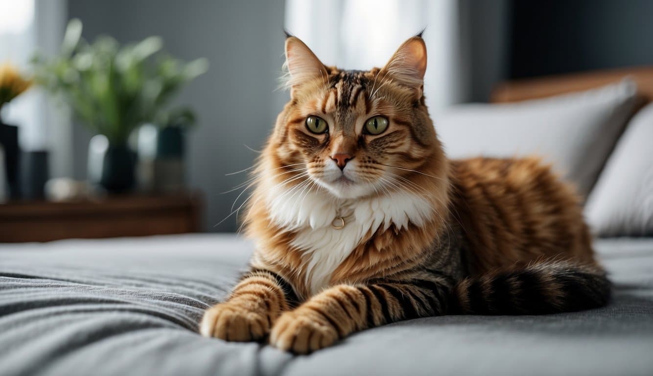 A cat sitting comfortably on a clean and well-groomed bed, surrounded by flea prevention products such as collars, sprays, and combs