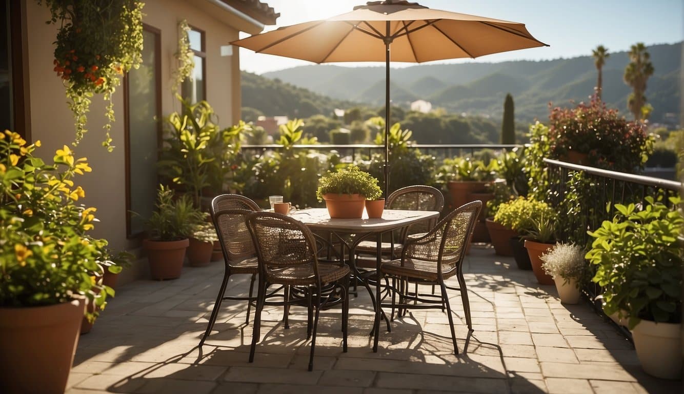 A sunny outdoor patio with a table set for dining and surrounded by potted plants. Flies are buzzing around the area, causing annoyance. A commercial fly control solution is visible nearby, effectively keeping the flies at bay