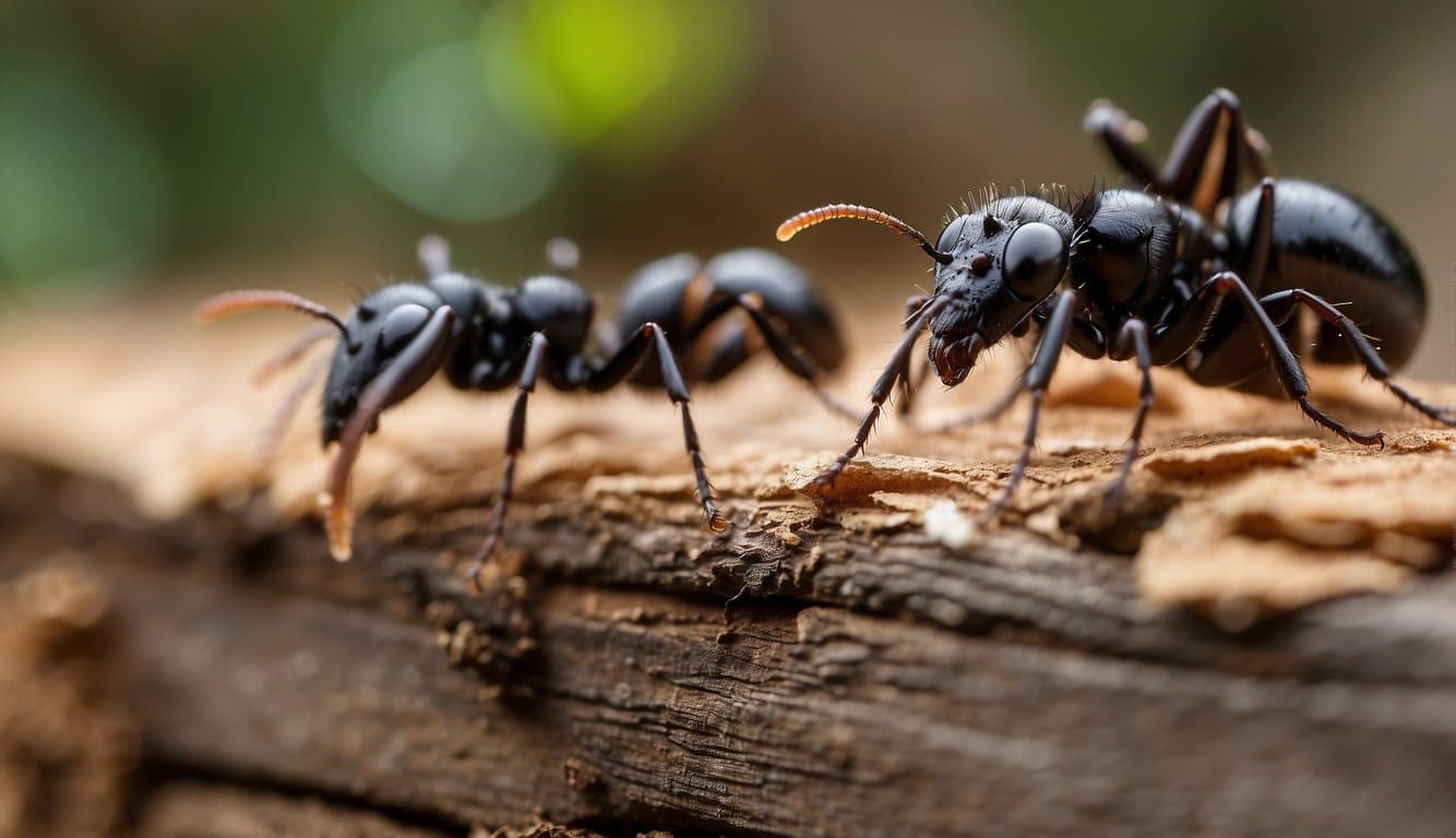 Carpenter ants being exterminated with pesticide spray in a wooden structure