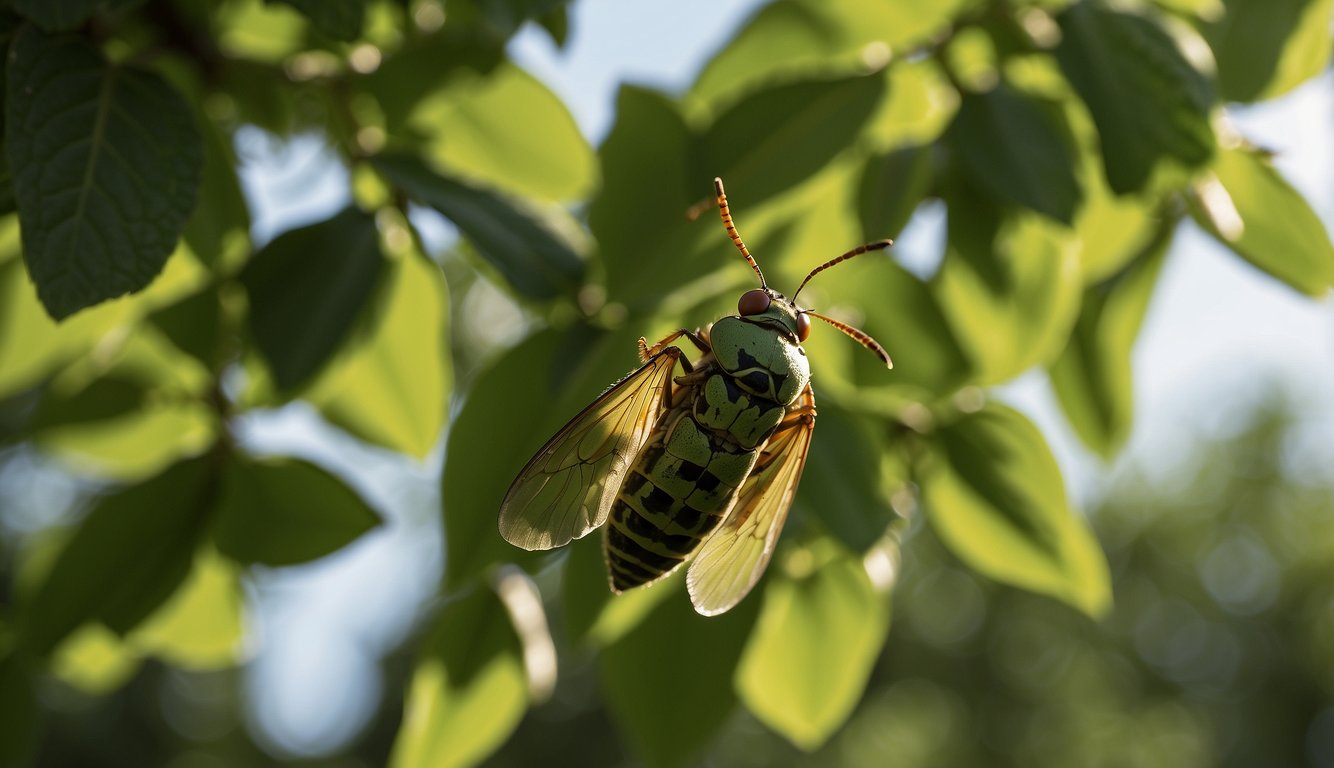 Lush green trees surround a vibrant garden. Periodical cicadas emerge, their wings shimmering in the sunlight. A few cicadas perch on the leaves, while others take flight, creating a symphony of buzzing