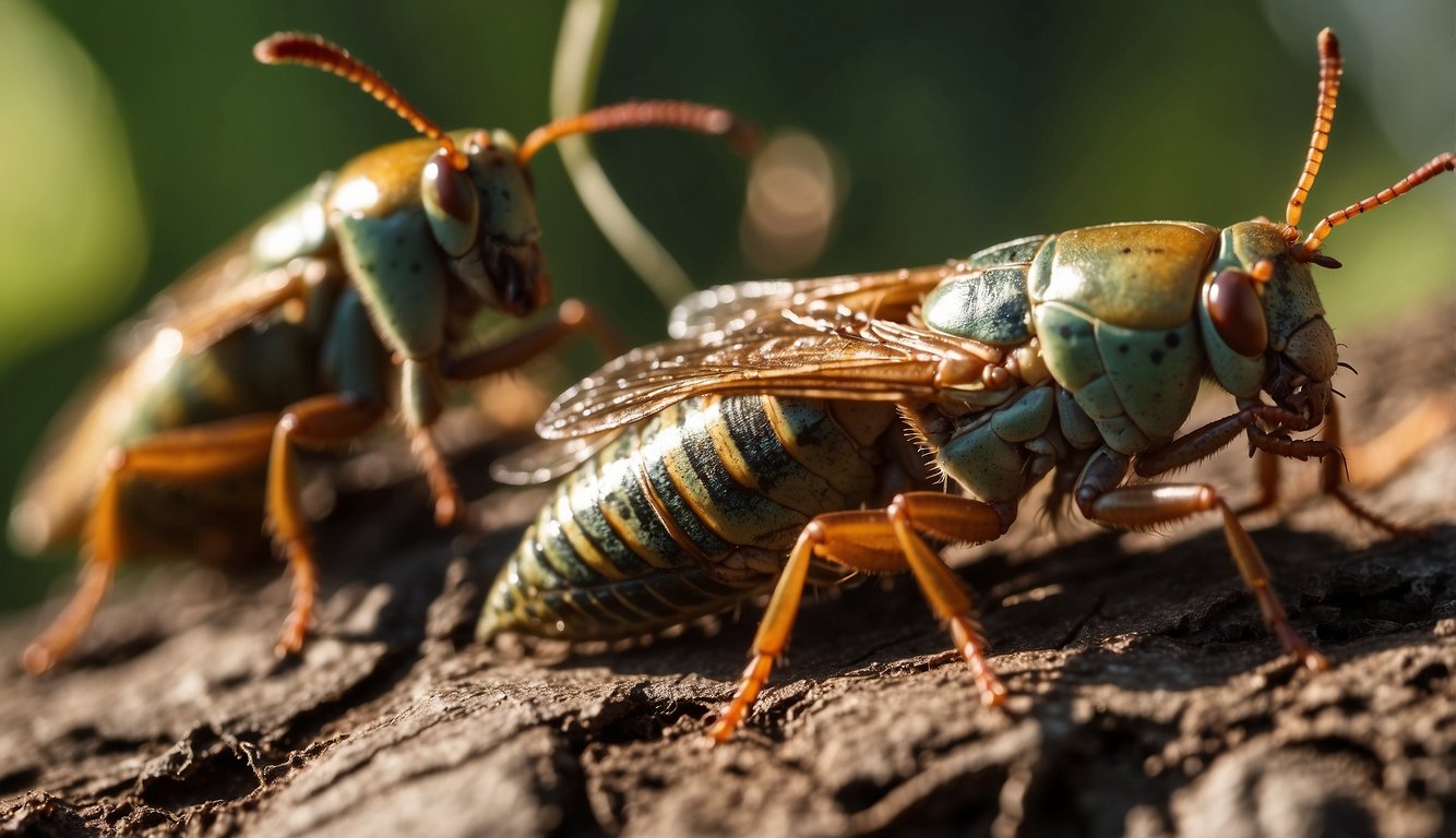 The cicadas emerge from the ground, their vibrant wings shimmering in the sunlight as they sing their distinctive songs in unison