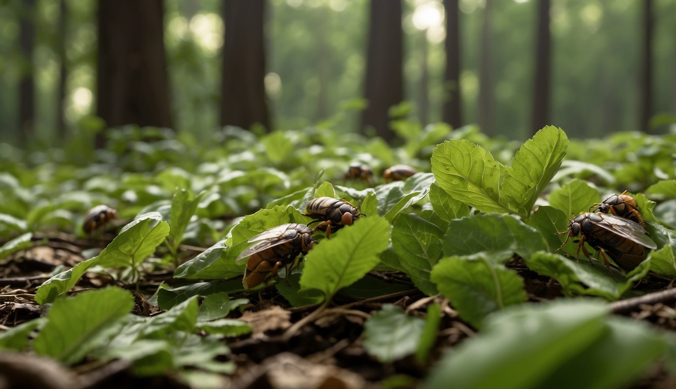 Lush green forest floor covered in molting periodical cicadas, with the deafening sound of their buzzing filling the air