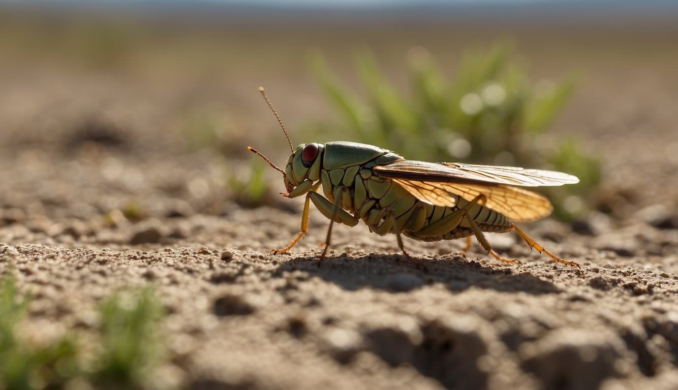 Locust and cicada clash in a barren landscape. The locust, with its sharp wings, battles the cicada, known for its loud buzzing