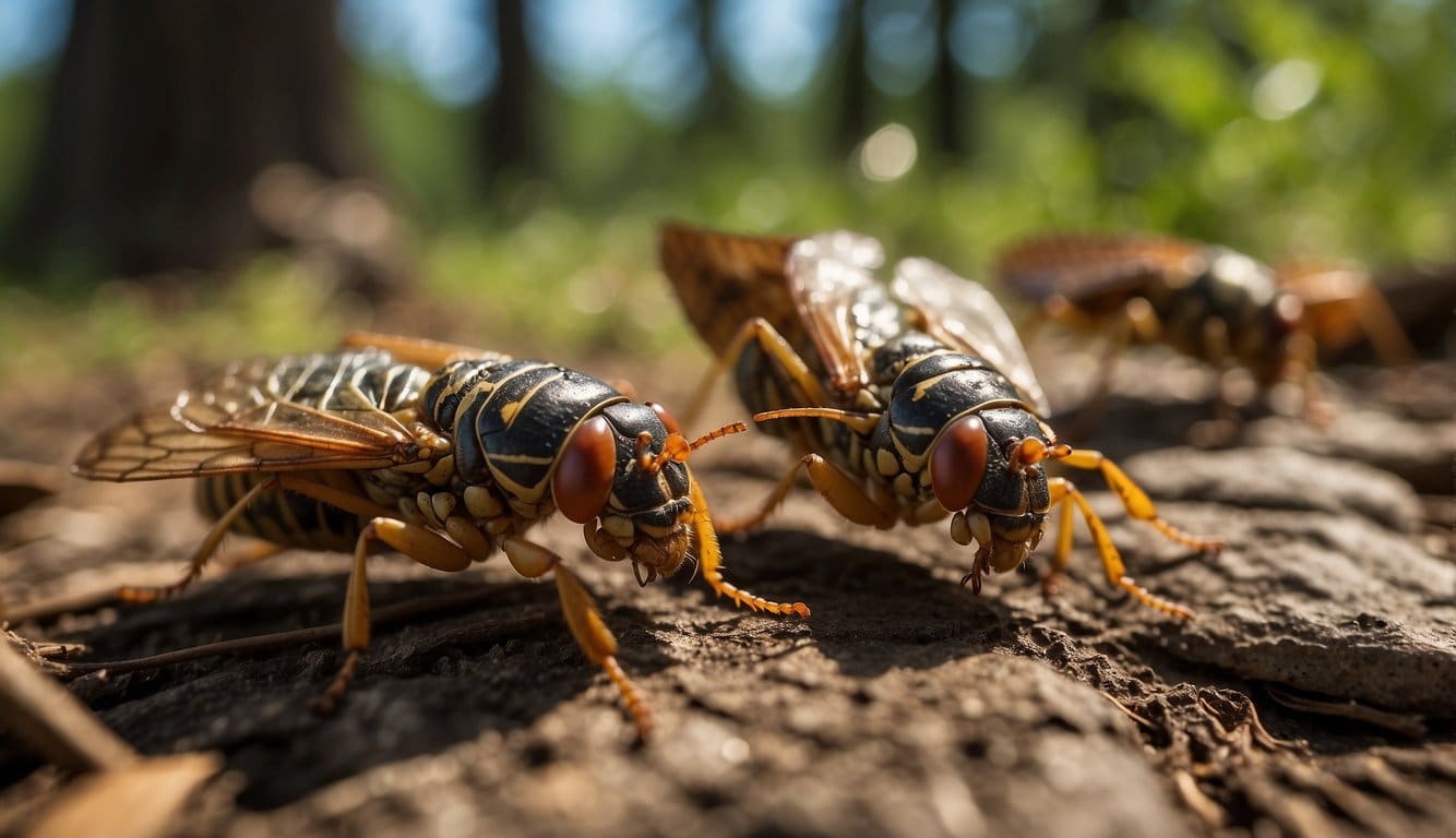Cicadas emerge from the ground, shedding their exoskeletons. They spend 2-4 weeks above ground, mating and laying eggs before dying
