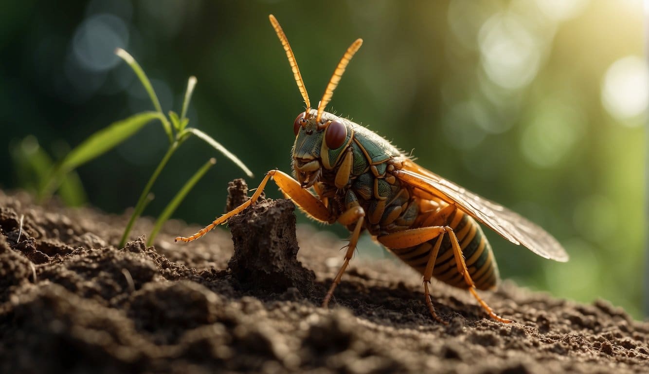 Cicadas emerge from the ground, varying in lifespan based on region. Some live for 13 years, others for 17. The insects fill the air with their buzzing as they go about their short-lived existence