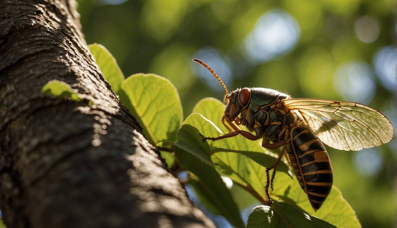 A cicada perches on a tree branch, its wings shimmering in the sunlight. It emits a loud buzzing sound, drawing attention from nearby humans