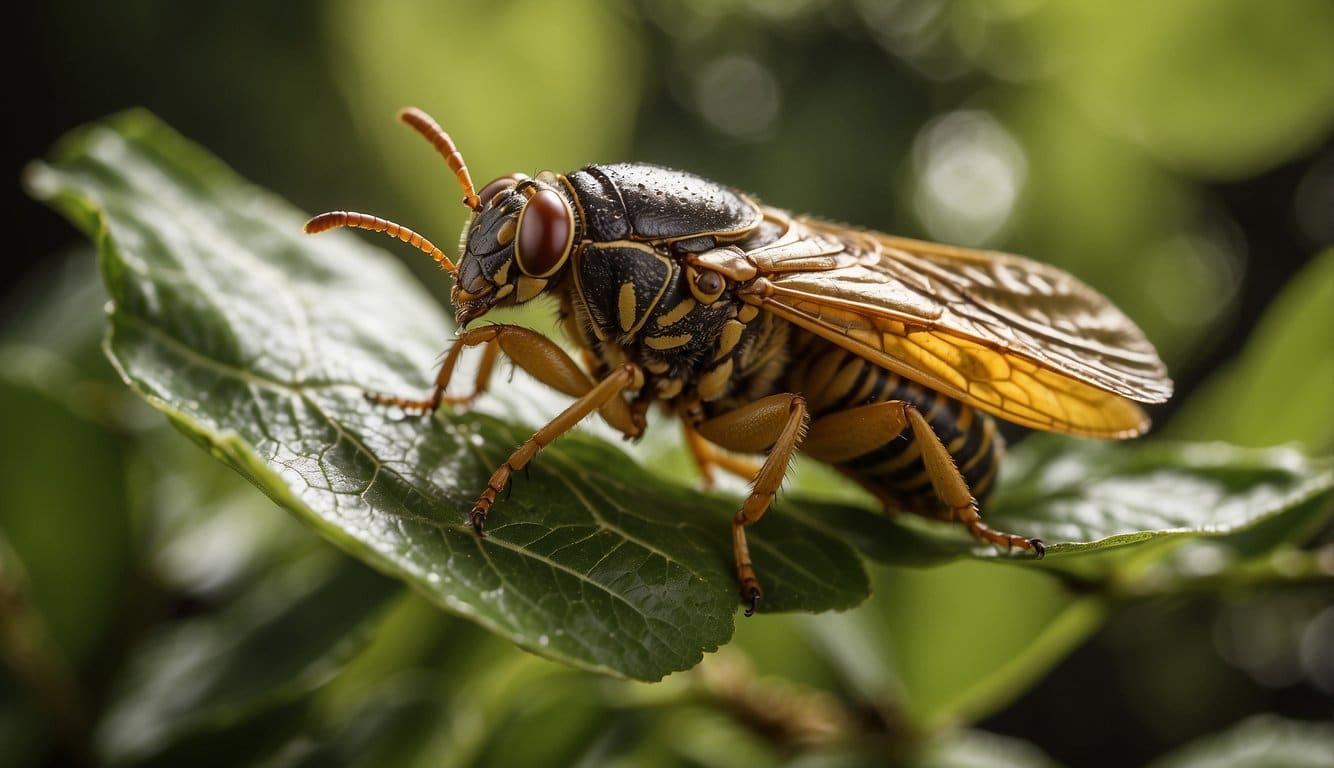 Cicadas buzzing in trees, leaves rustling. Impact on ecosystem evident. No, cicadas do not bite