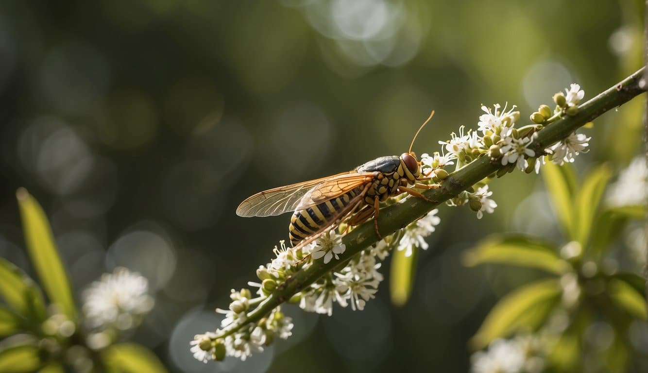 A cicada perched on a branch, surrounded by buzzing insects