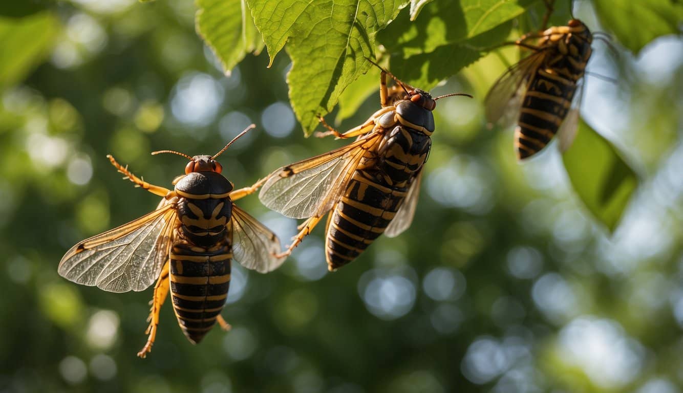 Cicadas emerge in Illinois, 2024. Trees are filled with buzzing insects. Broods swarm the air, creating a cacophony of sound