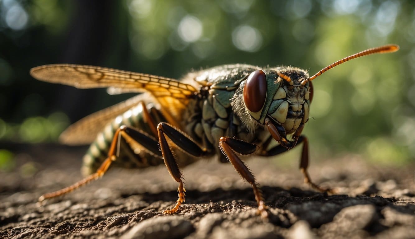 Cicadas emerge from the ground, buzzing loudly in the trees. They shed their exoskeletons and mate, leaving behind a cacophony of noise