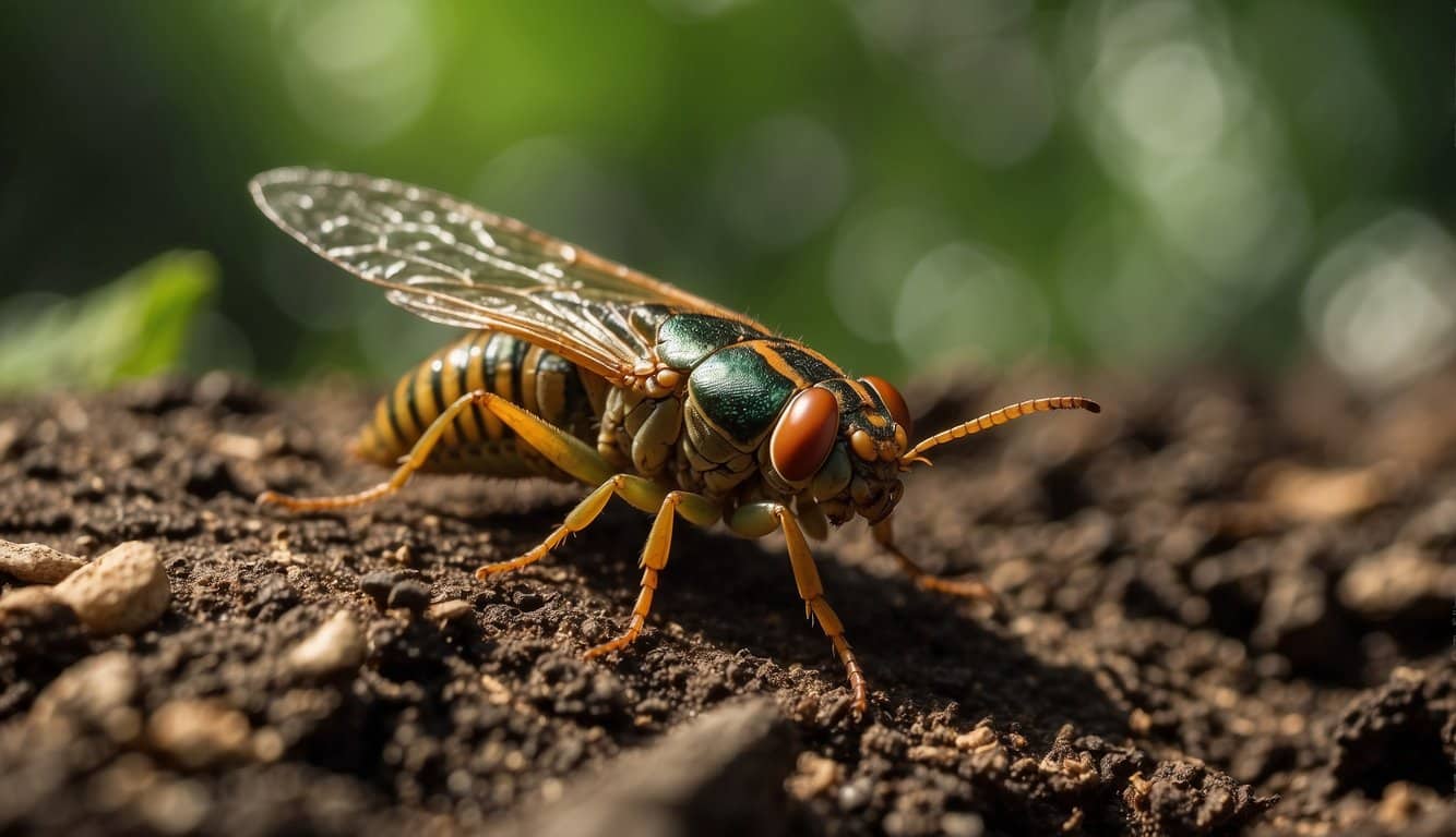 Cicadas emerge, covering trees and ground. Birds feast, plants suffer. Ecosystems adapt