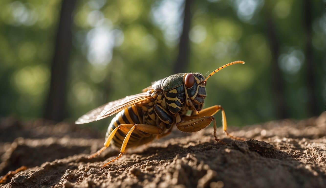 Cicadas emerge from the earth, filling the air with their buzzing song. The trees are alive with their presence, as they molt and take flight