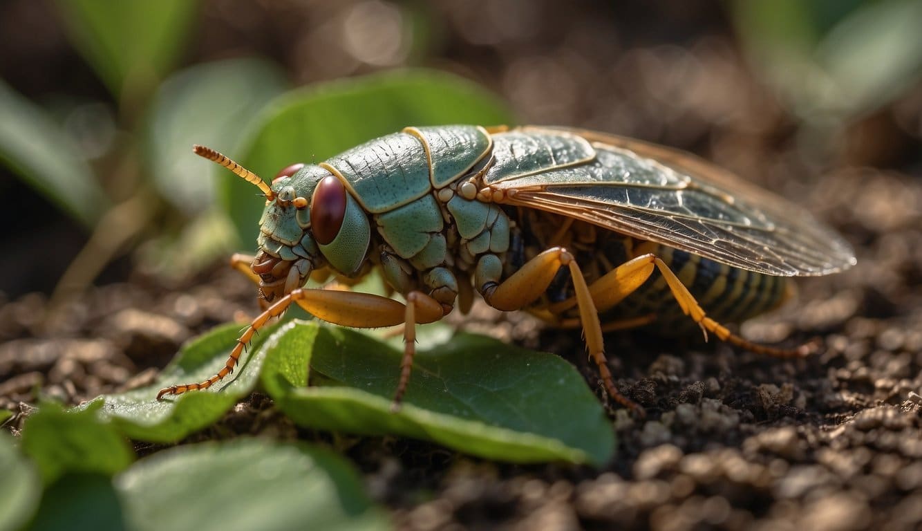 Cicadas emerge from the ground, shed exoskeletons, and fly to trees to mate and lay eggs
