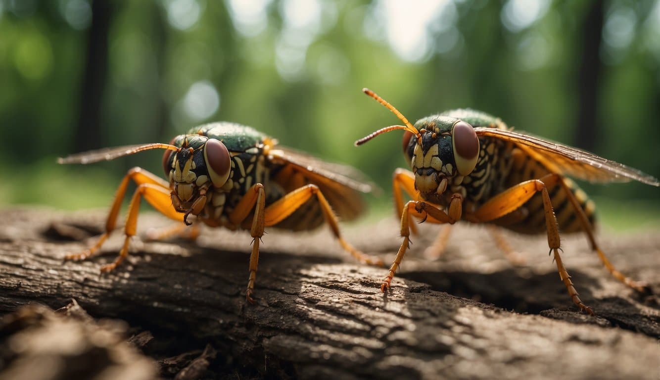Cicadas emerge from the ground, shed exoskeletons, and fly into trees to mate, lay eggs, and start the cycle again