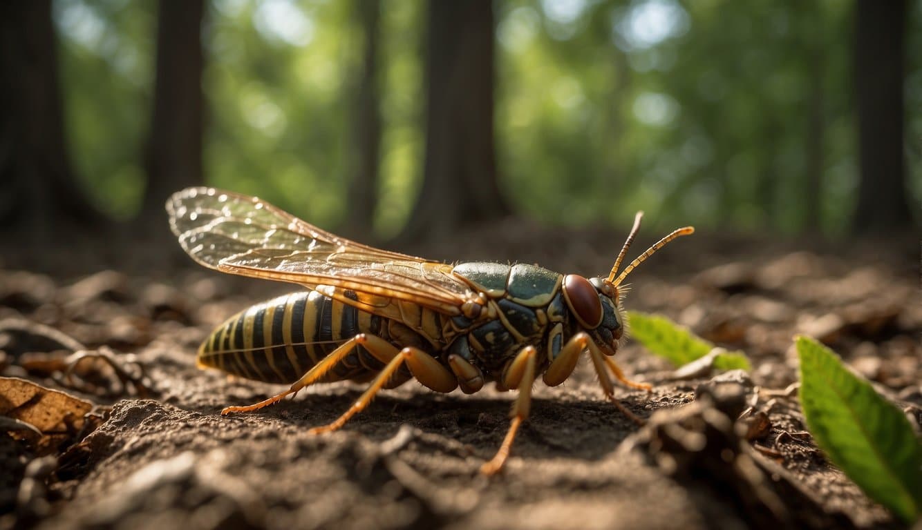 Cicadas emerge from the ground, shed their exoskeletons, and engage in loud mating calls in trees. They mate, lay eggs in branches, and then die, completing their life cycle