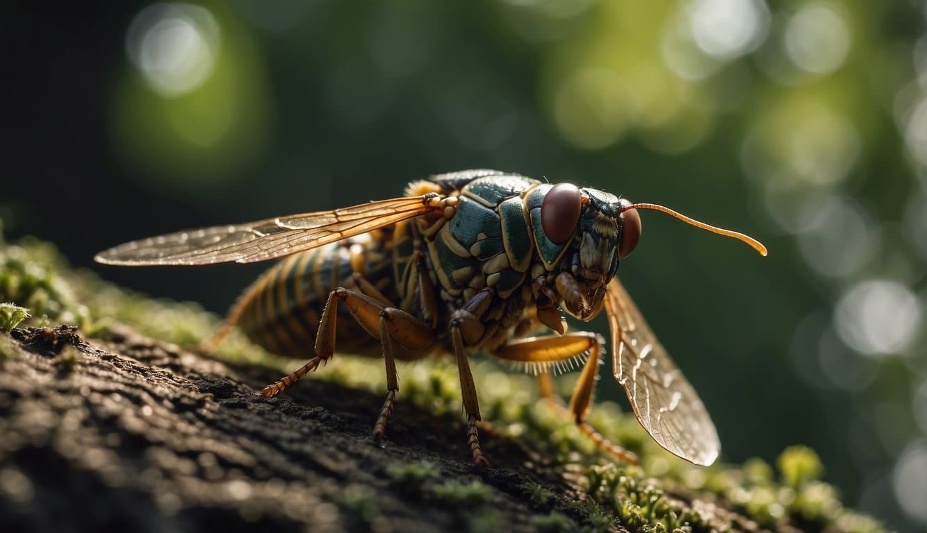 Cicada emerges from underground, sheds exoskeleton, unfurls wings, and begins to fly and sing in the trees