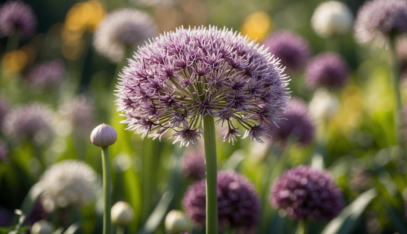 A colorful array of 20 cool weather crops from the Allium family, including onions, garlic, leeks, and chives, arranged in a bountiful fall garden