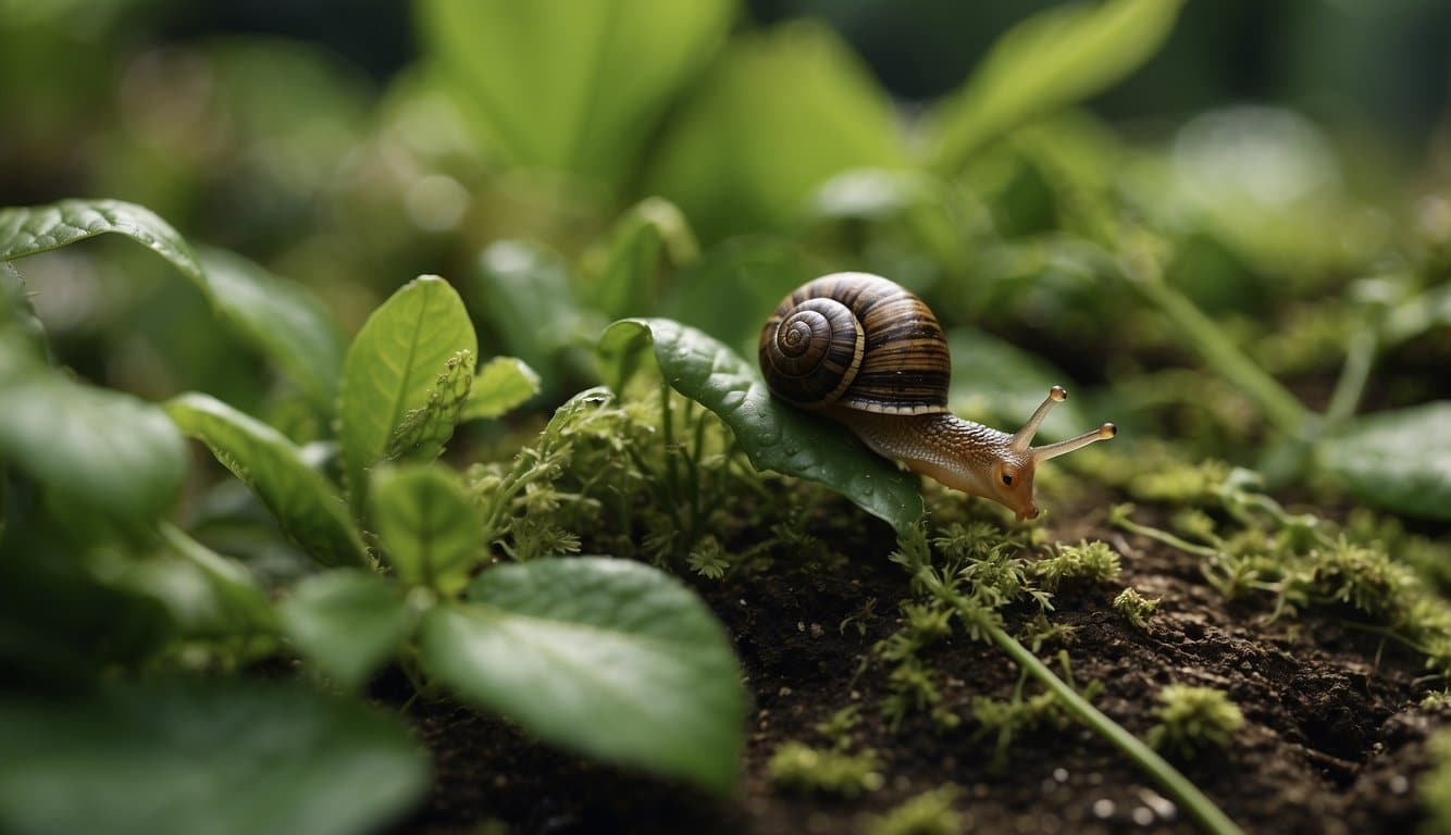 Lush garden with chewed leaves, slimy trails, and visible slugs and snails among plants