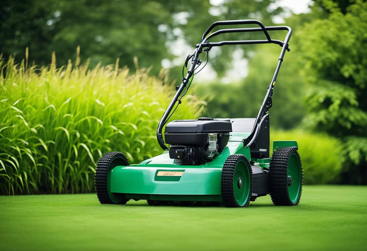 A scarifier and aerator machines at work in a lush green lawn, creating distinct patterns in the grass